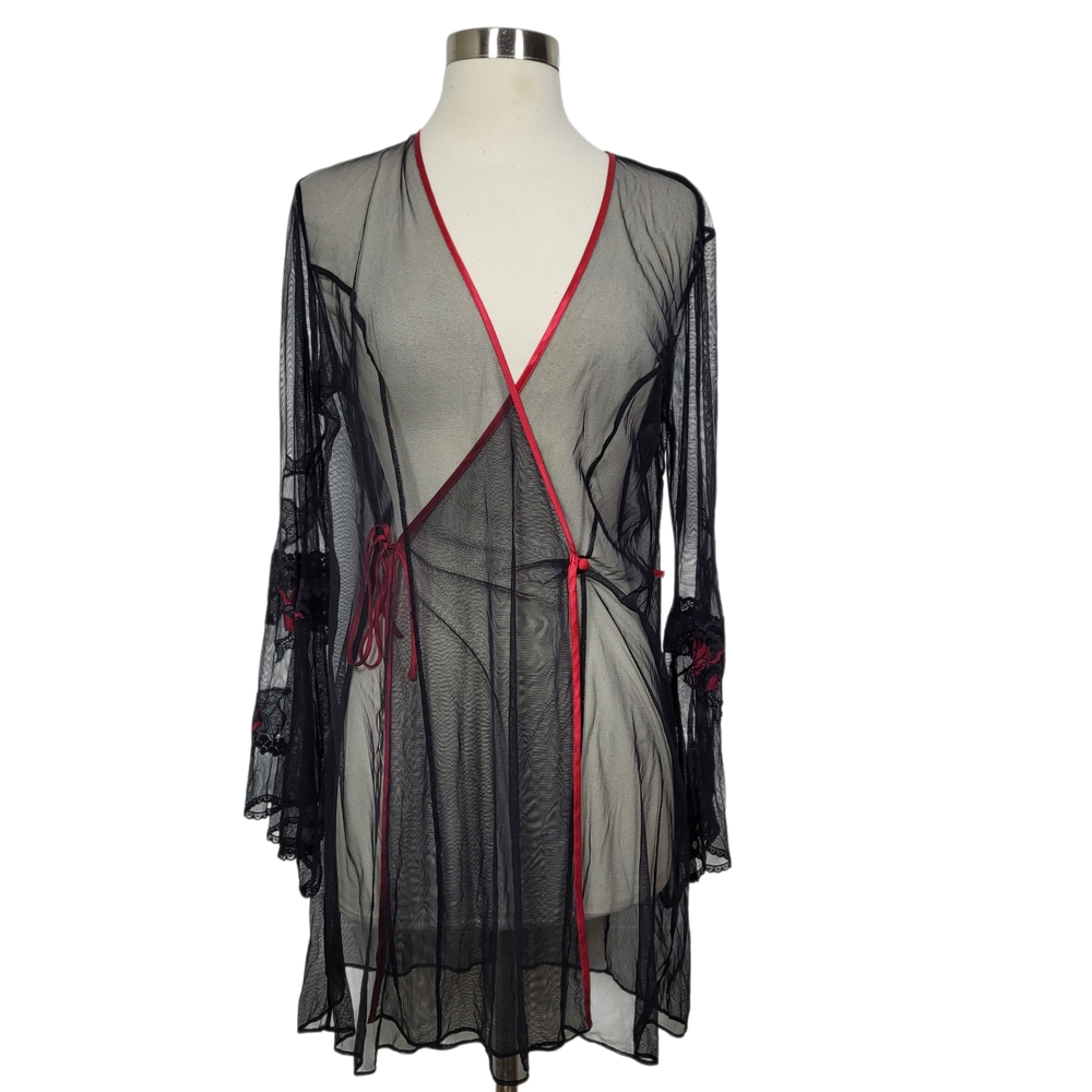 🌹 Victoria’s Secret Black Sheer Mesh Robe with Red Floral Lace Detail Size M/L